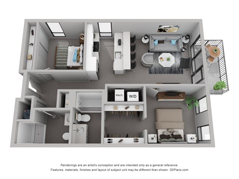 Floor plan for 2 beds, 2 baths, 878 sqft